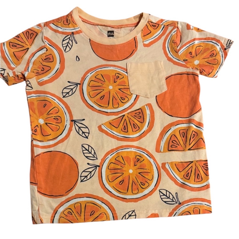 Tea Collection Orange Citrus Slice Print Pocket Tee Shirt Kids Size 6 Cotton